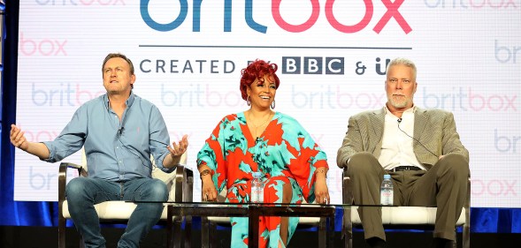 BritBox: (L-R) Philip Gienister, Kim Fields, and Kevin Nash of the television show "Living The Dream" speak during the 2019 Britbox segment of the 2019 Winter Television Critics Association Press Tour at The Langham Huntington, Pasadena on February 09, 2019 in Pasadena, California.