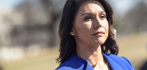 Democrat Congresswoman Tulsi Gabbard from Hawaii, an official candidate for the Democratic Primaries of the 2020 US Presidential election, gives a press conference in Washington DC on February 15, 2019.