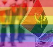 Angola flag overlaid with the LGBT pride flag