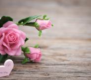 Valentine's Day gifts. Pink rose and heart that says I love you. Valentines Day