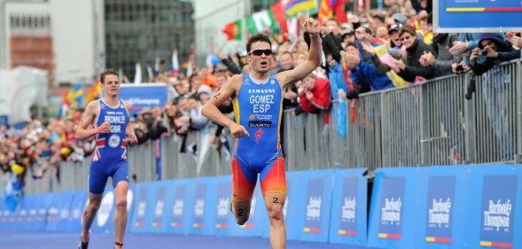 In a release from the International Triathlon Union, Javier Gomez of Spain wins, in front of Jonathan Brownlee of Great Britain, the Grand Final of the 2012 ITU World Triathlon Series on October 21, 2012 in Auckland, New Zealand.