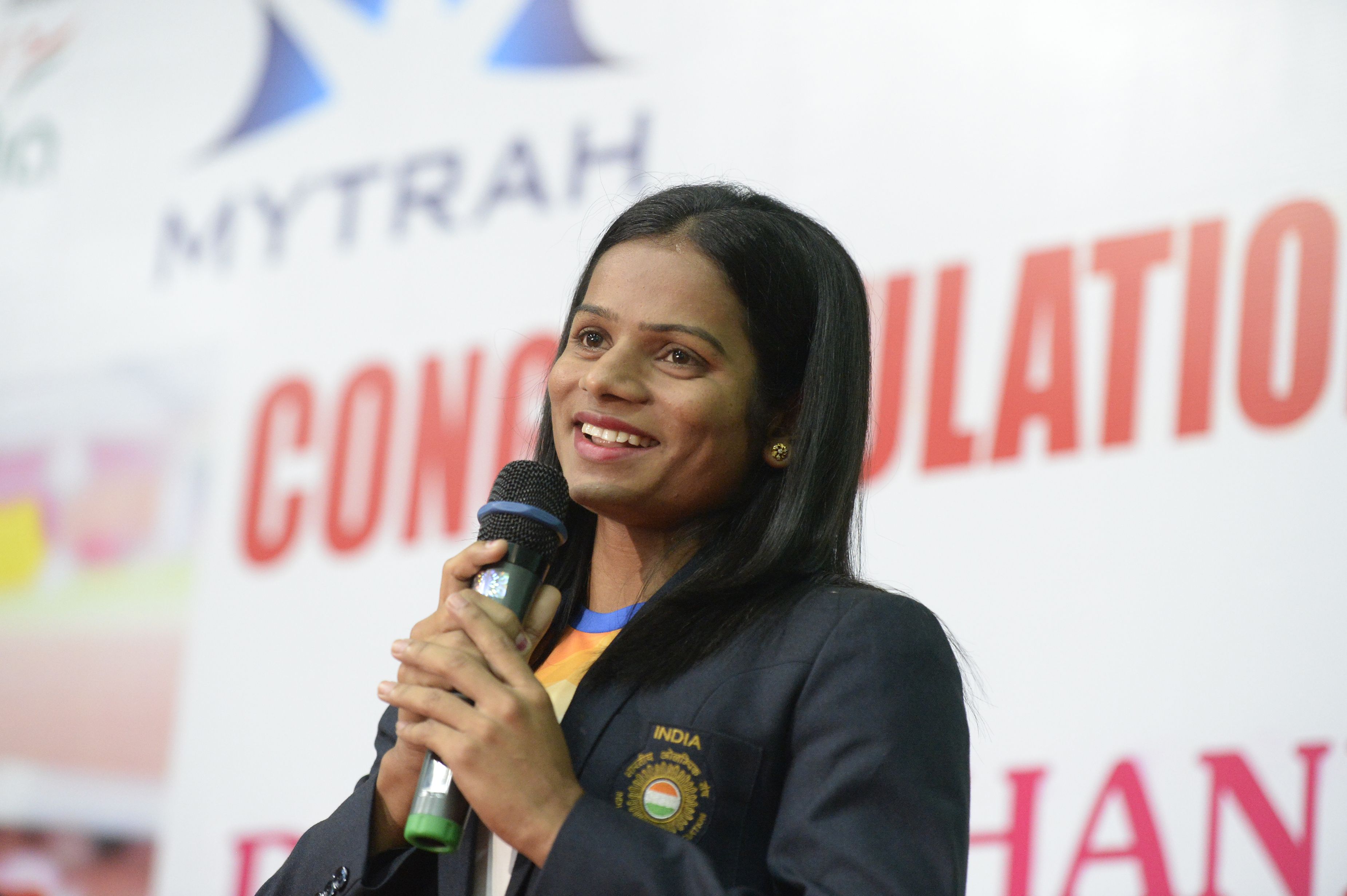 International Women's Day Dutee Chand speaks during a press conference in Hyderabad on September 1, 2018.. (NOAH SEELAM/AFP/Getty Images)