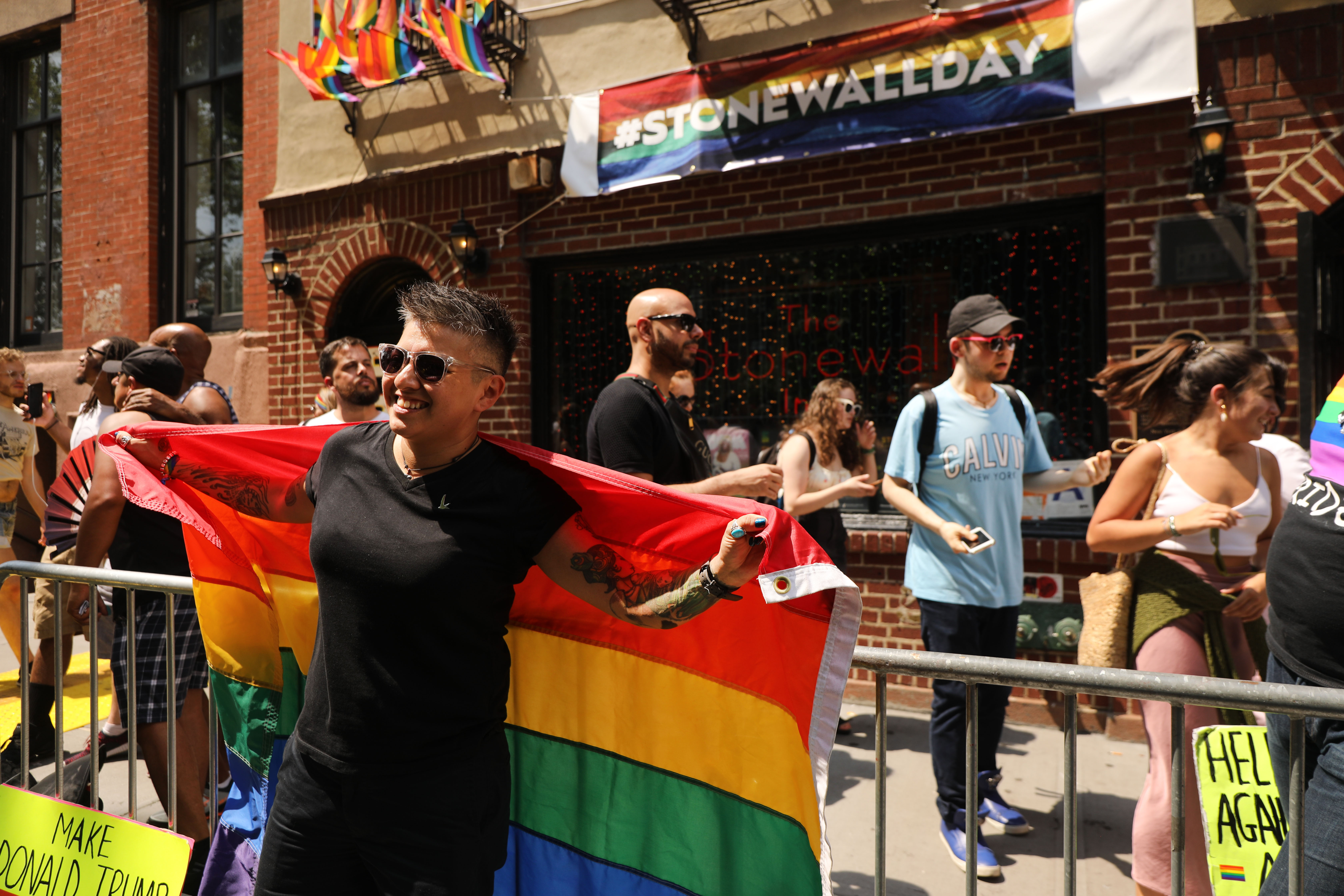 Activists and politicians spoke at the rally held outside the Stonewall Inn.
