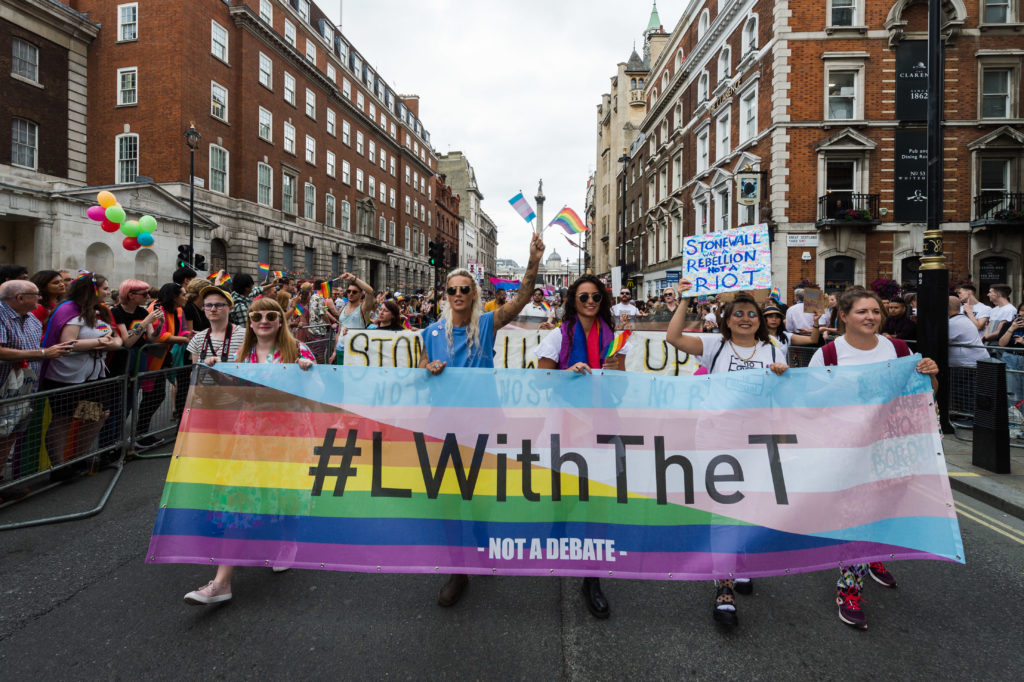 A group of lesbian campaigners show solidarity with the trans community at 2019's Pride in London march. 