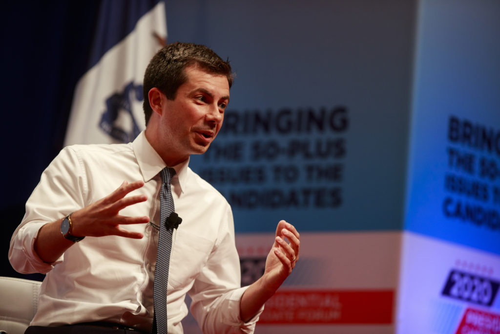 Democratic presidential hopeful Pete Buttigieg speaks during the AARP 2020 Presidential Candidate Forum in Council Bluffs. 