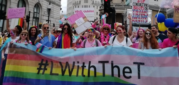 L with the T protesters lead the Pride in London parade