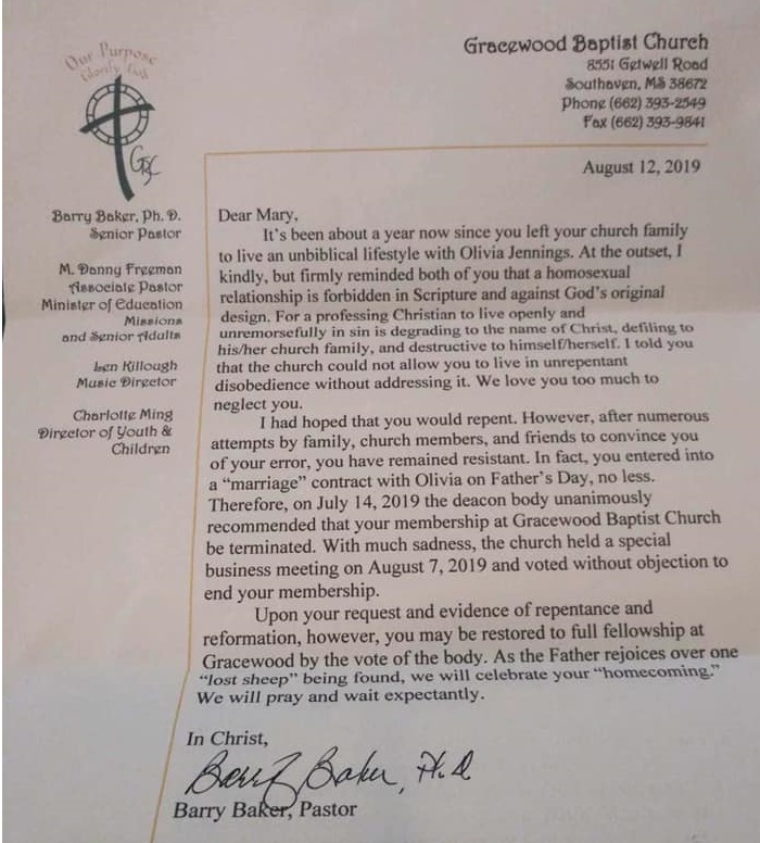 Olivia and Mary Trollinger received a letter from their church informing them of their expulsion