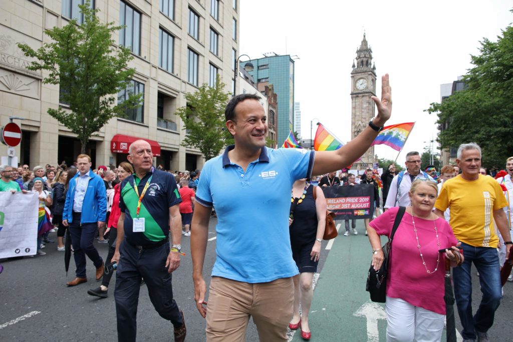 Ireland's Taoiseach Leo Varadkar joins members of the LGBT+ community and supporters as they take part in the Belfast Pride Parade 2019 in Belfast, Northern Ireland on August 3, 2019. 