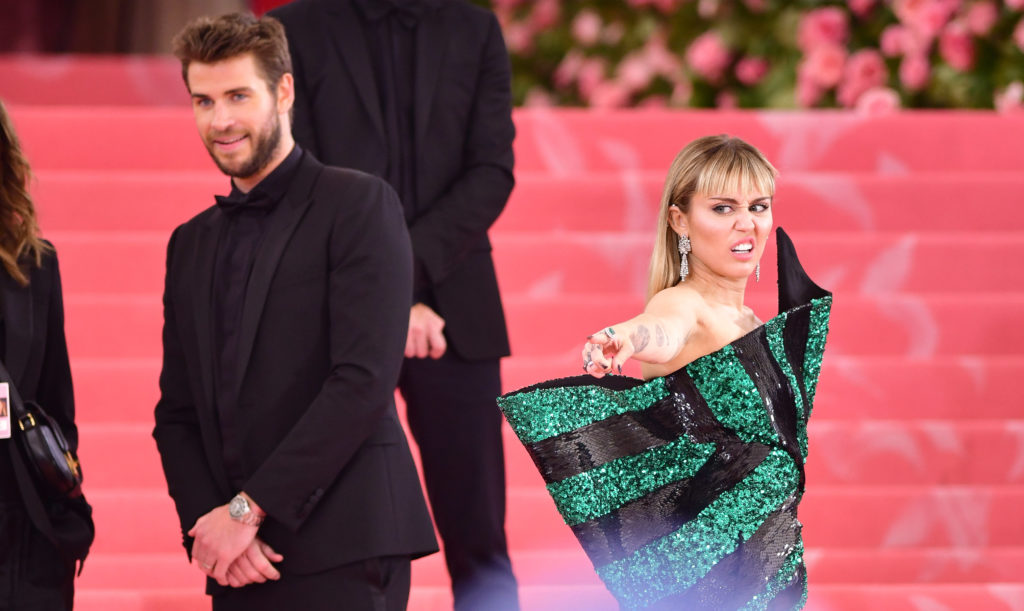 Liam Hemsworth and Miley Cyrus arrive to The 2019 Met Gala Celebrating Camp: Notes on Fashion at Metropolitan Museum of Art on May 6, 2019 in New York City. 