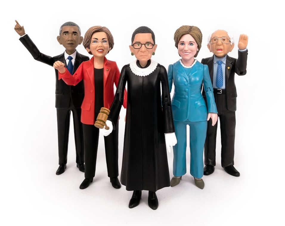 Barack Obama, Elizabeth Warren, Ruth Bader Ginsburg, Hillary Clinton and Bernie Sanders action figures
