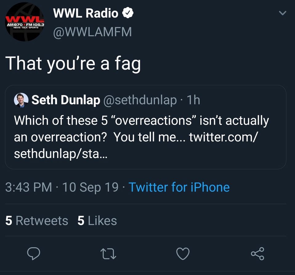 The message from the WWL Radio Twitter account referred to host Seth Dunlap as a "fag"