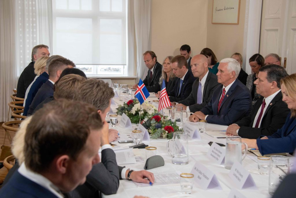 US Vice President Mike Pence attends a roundtable discussion on US-Iceland trade and investment relations with the Minister for Foreign Affairs of Iceland at Hofdi House in Reykjavik on September 4, 2019.