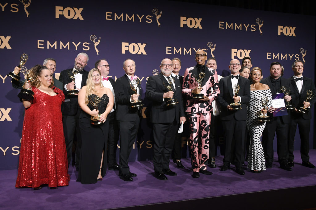 RuPaul and the team behind RuPaul's Drag Race pose with awards for Outstanding Competition Program in the press room during the 71st Emmy Awards at Microsoft Theater on September 22, 2019 in Los Angeles, California.