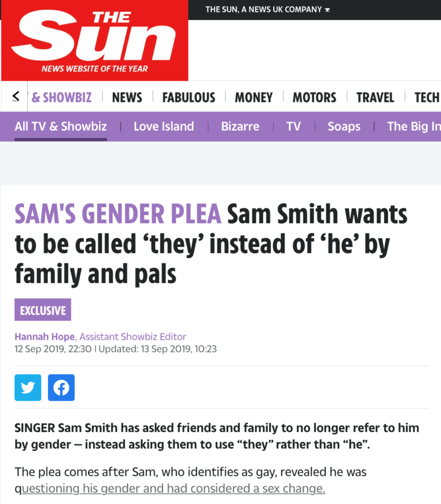An article in The Sun referred to Sam Smith as "him" while reporting that the singer wishes to referred with gender-neutral pronouns. (The Sun)