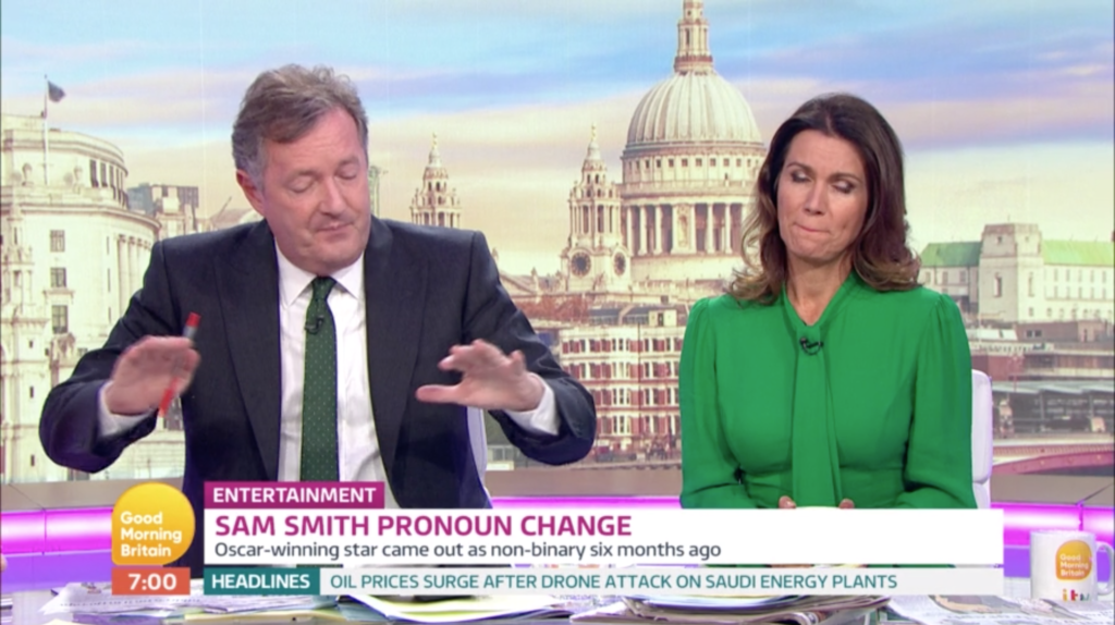 Piers Morgan suggests that non-binary singer Sam Smith came out to promote his music. (Screen capture/ITV)