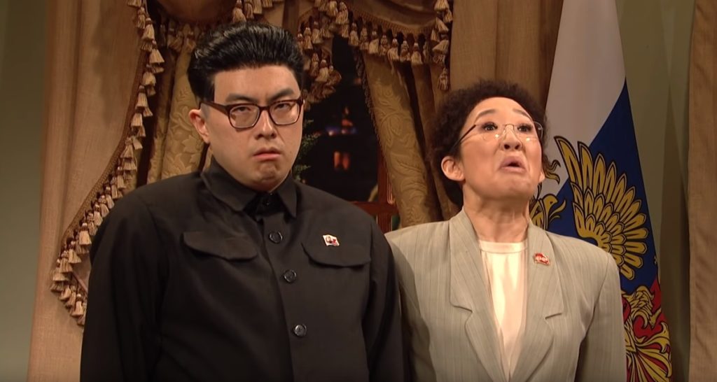 Bowen Yang as Kim Jong-un with Sandra Oh on Saturday Night Live