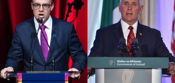 Chasten Buttigieg (left) talking at the DNC LGBTQ Gala in New York City and Mike Pence at a press conference in Ireland (Drew AngererPool/Getty Images)