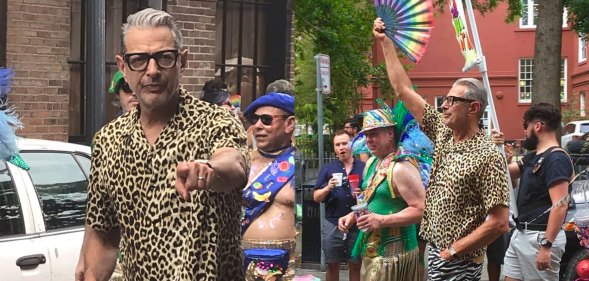 Jeff Goldblum wearing a leopard print top and zebra print trousers