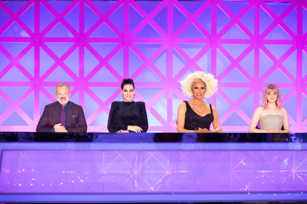 Michelle Visage on the Drag Race UK judging table with RuPaul, Graham Norton and Maisie Williams