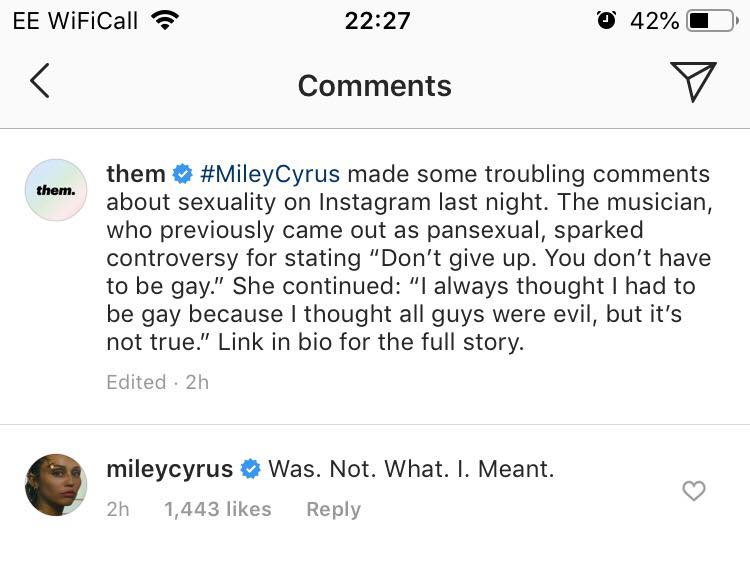 Miley Cyrus sought to clarify herself amid criticism. (Screen capture via Instagram)