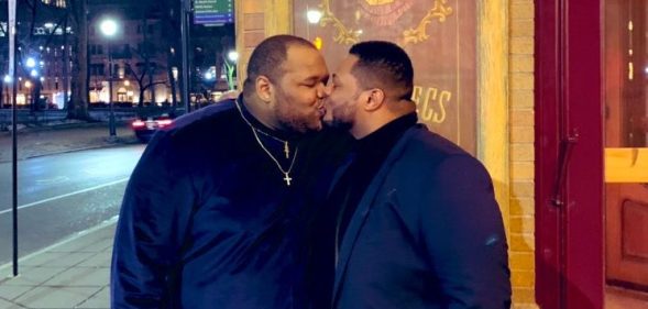 Tyler Hightower and his boyfriend Ahdeem Tinsley shared a kiss on their first anniversary, and it has Twitter users' hearts melting. (Twitter)