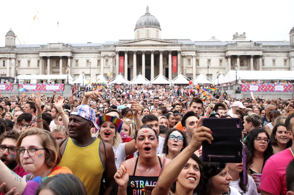 A general view of the crowd during Pride in London 2019 at Trafalgar Square on July 06, 2019 in London, England. 