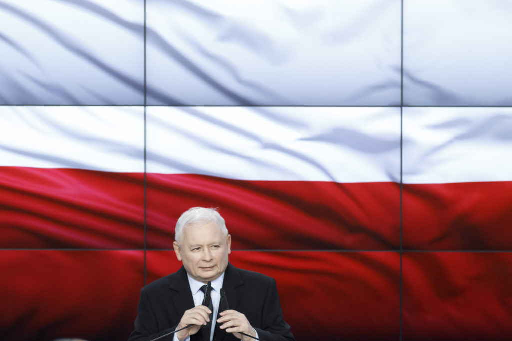 Leader of the PiS ruling party Jaroslaw Kaczynski speaks at the election night after first results showed his party won the elections with almost 43% support. (JP Black/LightRocket via Getty Images)