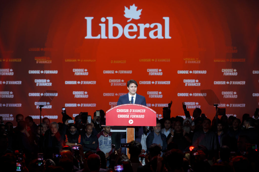 Liberal Leader and Canadian Prime Minister Justin Trudeau delivers his victory speech at his election night headquarters on October 21, 2019 in Montreal, Canada. (Photo by Cole Burston/Getty Images)