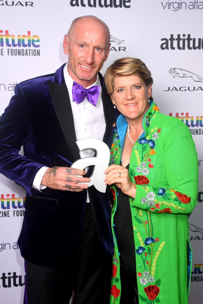 Gareth Thomas (L) poses with Clare Balding after winning the Game Changer award. (Dave J Hogan/Getty Images)
