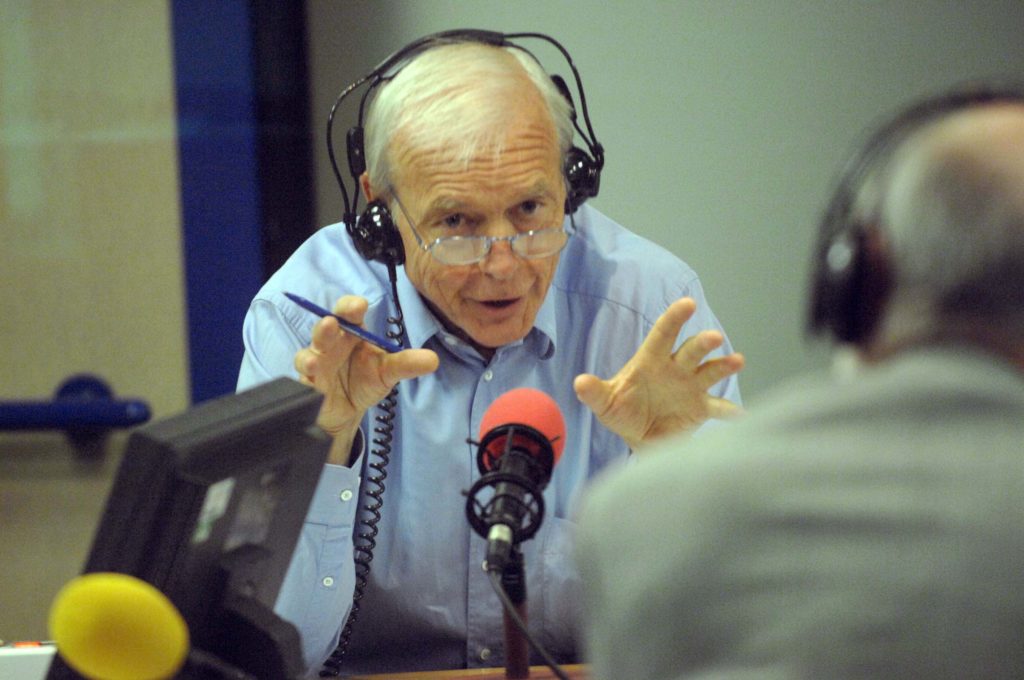 John Humphrys in the radio studio, during a broadcast of Today, the flagship programme on BBC Radio Four.