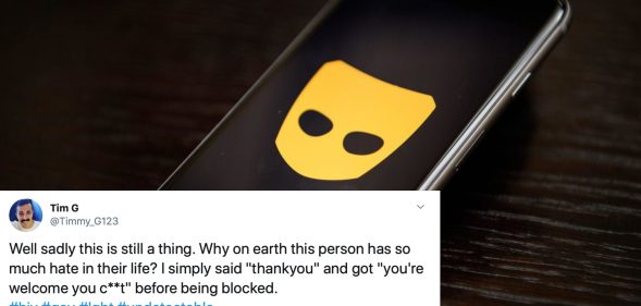 A man living with HIV shared screenshots of a Grindr conversation that, just for being open about his status, resulting in him being blocked. (Leon Neal/Getty Images/Twitter)