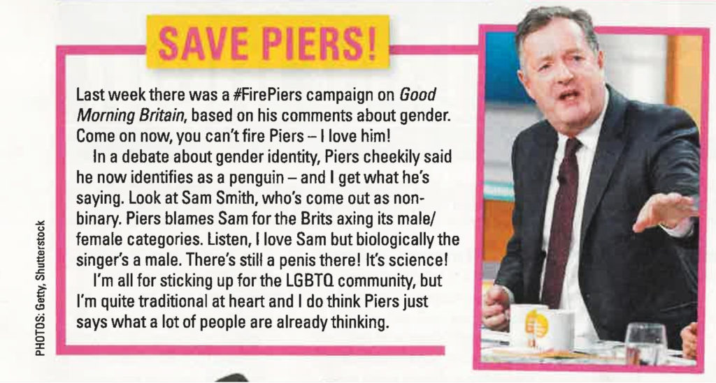 In Kerry Katona's column for New! Magazine, she stuck up for Piers Morgan while misgendering Sam Smith. (New! Magazine)