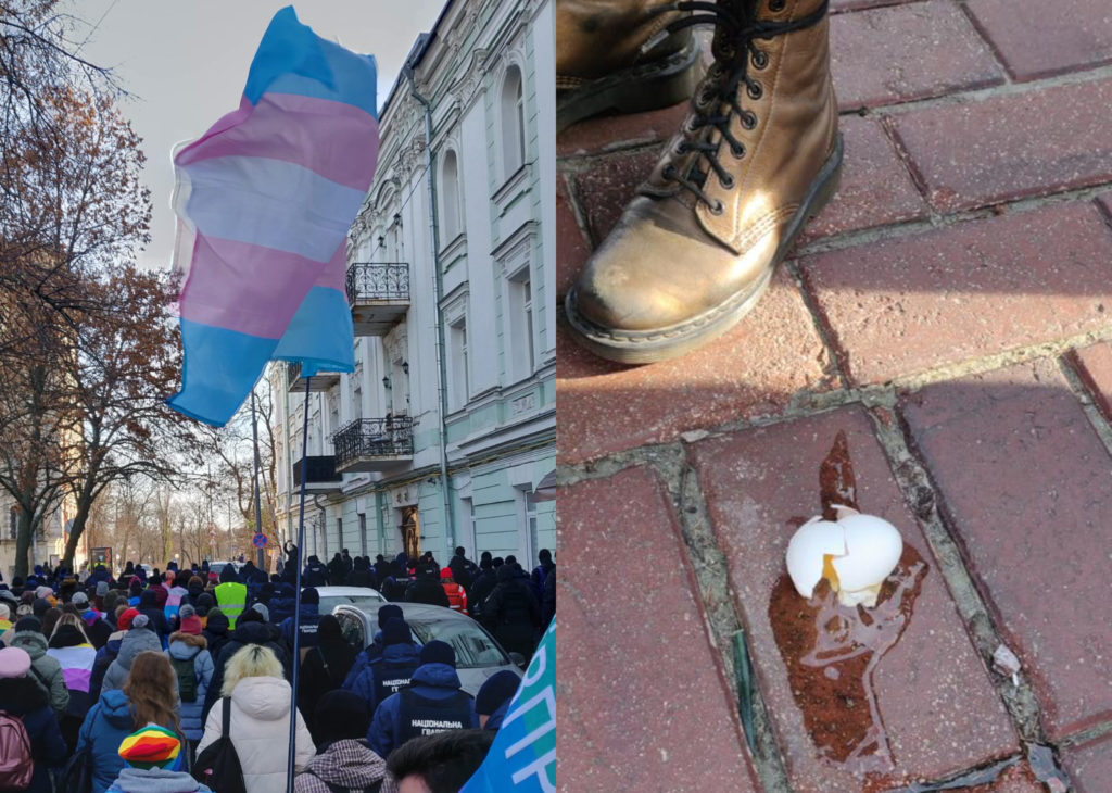 Two different scenes captures a Transgender Day of Remembrance event in Kyiv, Ukraine: (L) trans folk raise flags up high while (R) a vigil-goer stands next to an egg lobbed by counter-protester. (Matthew Schaaf)