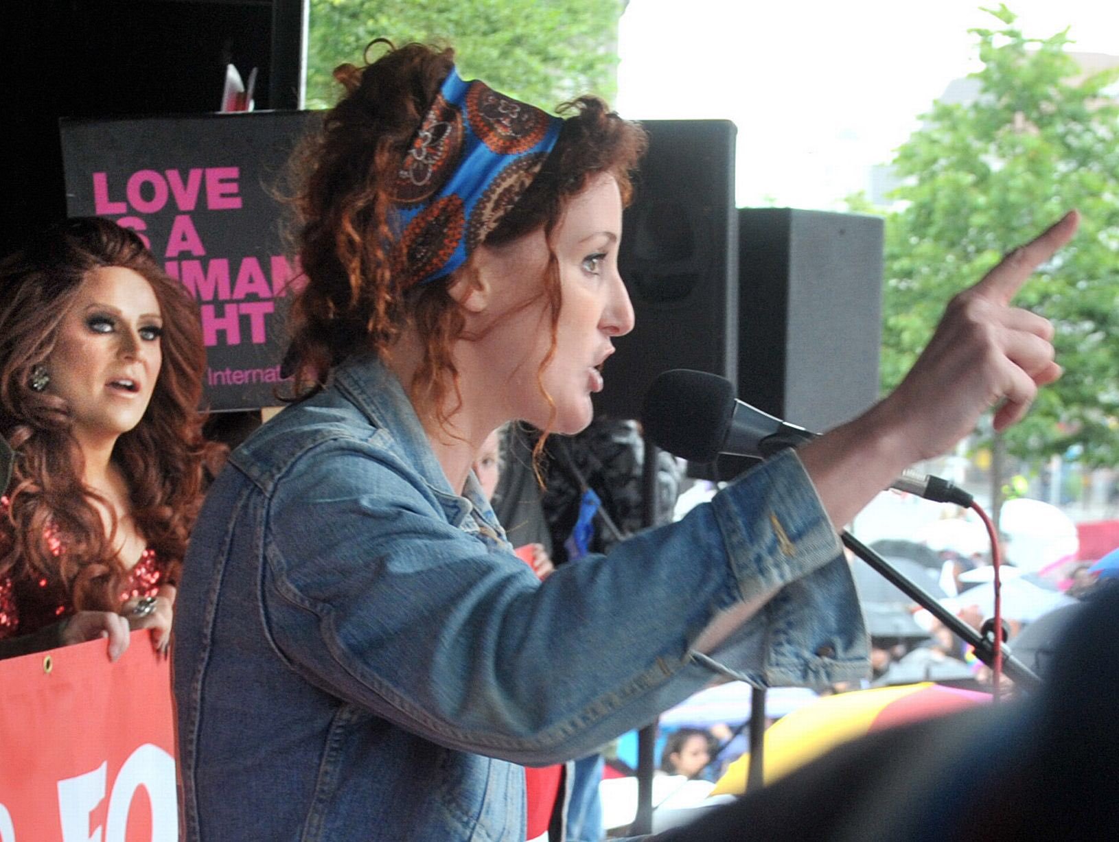 Bronagh Waugh speaking at a rally for equal marriage with Love Equality Northern Ireland
