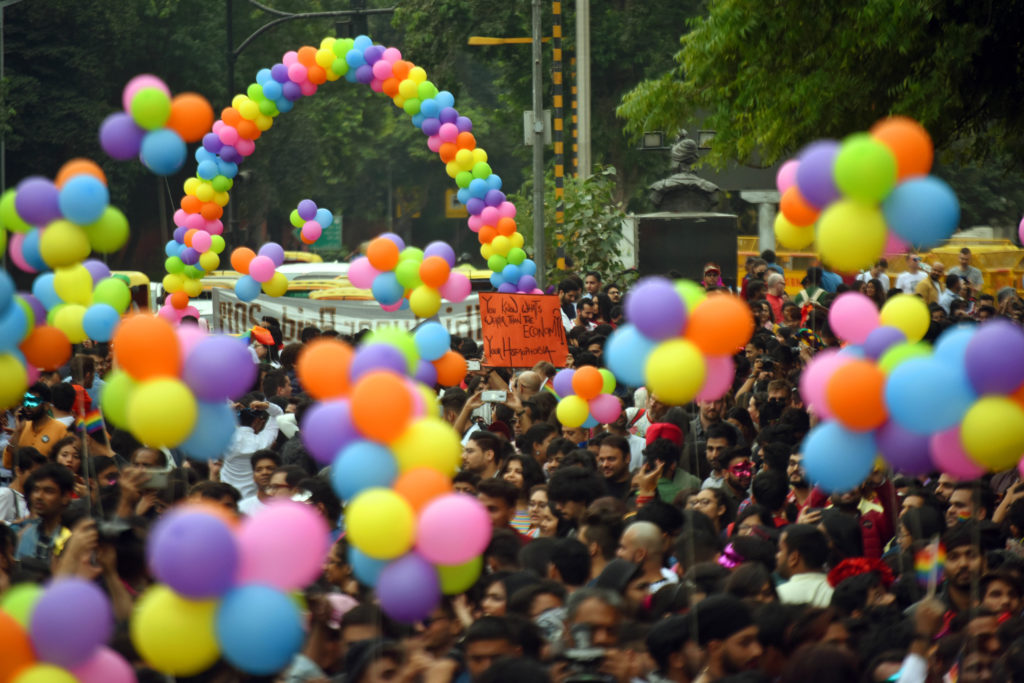 Trans activists and allies march down the streets of New Delhi. (Amal KS/Hindustan Times via Getty Images)
