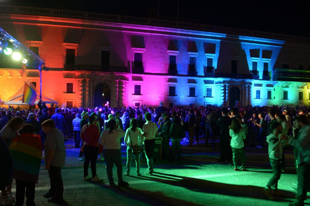 The Palace in Saint George's Square is lit with rainbow colours after the Maltese parliament approved a civil unions bill in Valletta on April 14, 2014. (Matthew Mirabelli/AFP via Getty Images)