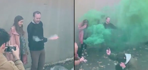 A spoof of a gender reveal party that saw party-goers choking, fainting and covered in blood has taken the practise to meme-grade glory. (Screen captures via Instagram)