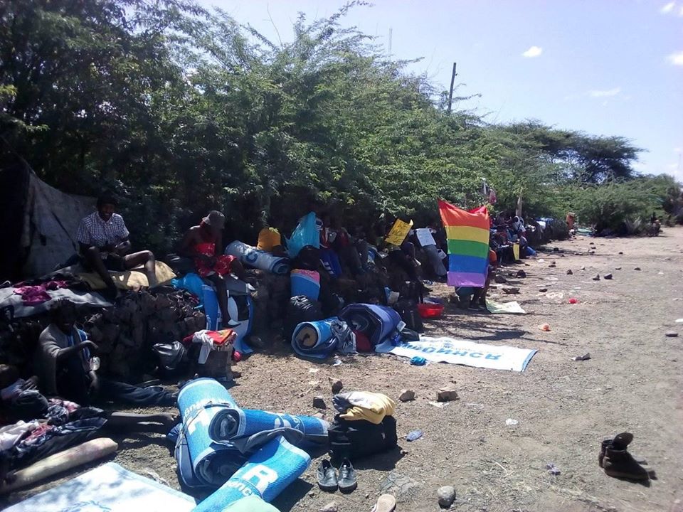 Rainbow refugees rolled-out sleeping bags and Kats outside the UNHCR main offices in Kakuma, Kenya. (Facebook)