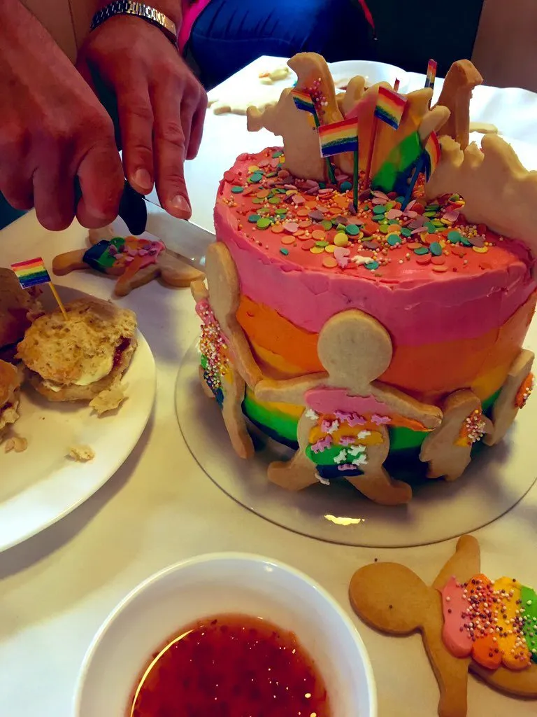 After singing and dancing down the tracks of the island, which is only a little bit bigger than Rhode Island, Pride participants dug into colourful cakes. (Katharine Ganly)