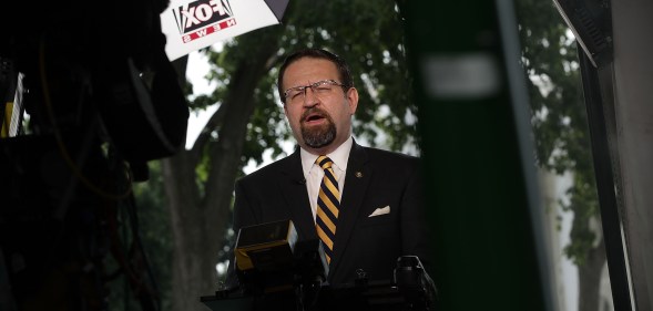 Star Wars President Sebastian Gorka speaks as he is interviewed by Fox News remotely from the White House June 22, 2017 in Washington, DC.