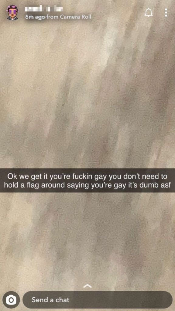 An American student who wore a Pride flag was pummelled with anti-LGBT abuse online and in the hallways. (Jake Steiner/Snapchat)