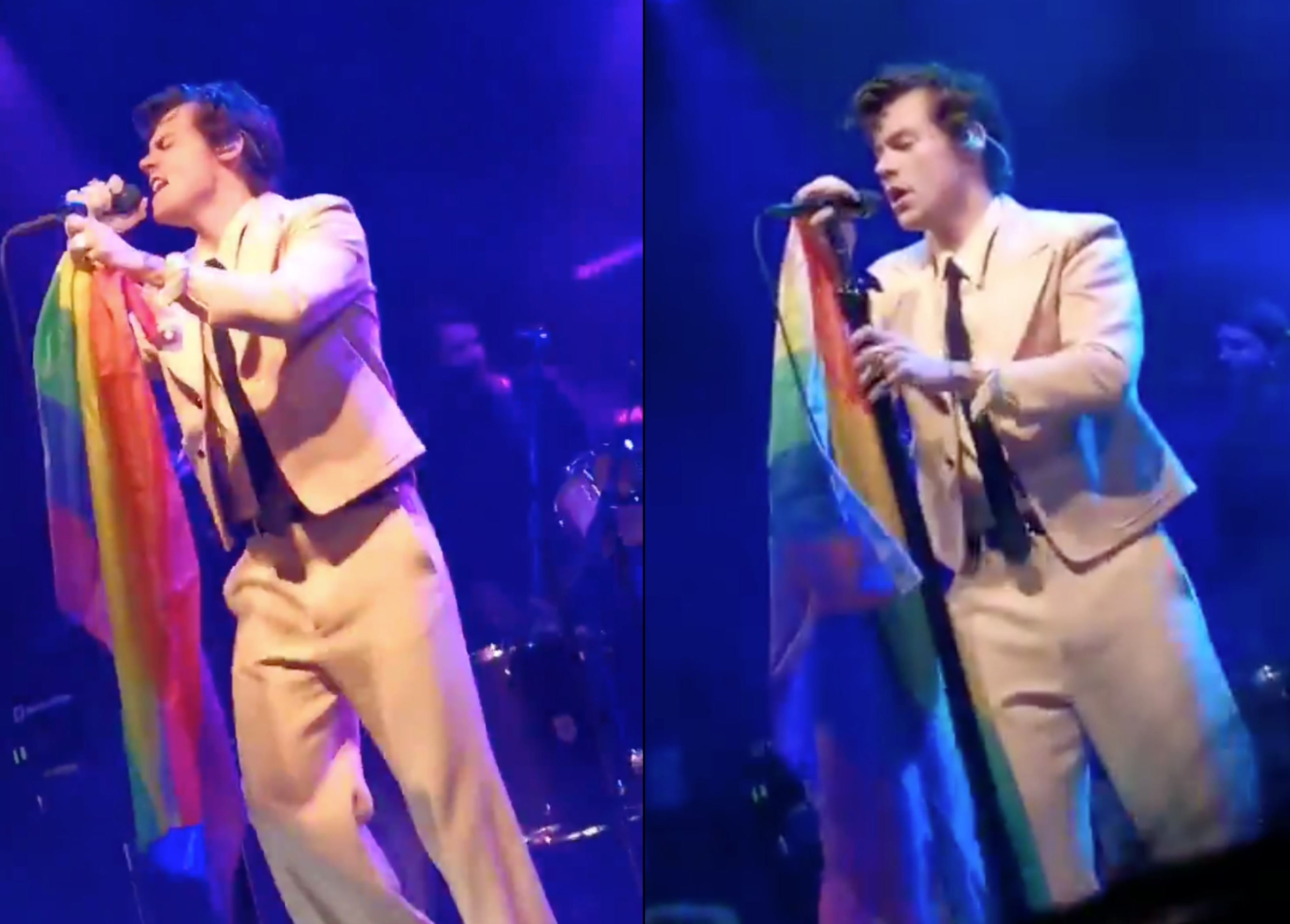 Our lord and saviour Harry Styles holding an LGBT+ Pride flag. We need this injected into our veins right now. (Screen captures via Twitter)