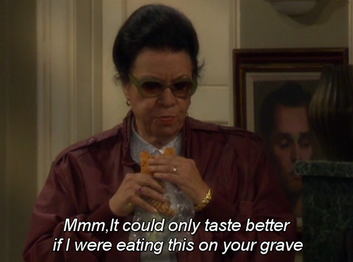 Rosario Salazar. Text reads: Mmm, it could only taste better if I were eating this on your grave.