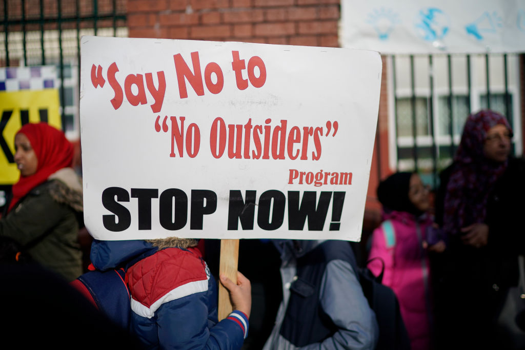 Protestors demonstrate against the 'No Outsiders' programme at Parkfield Community School on March 21, 2019 in Birmingham, England