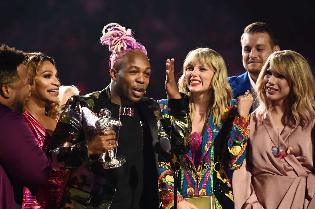 Todrick Hall and Taylor Swift receive 'Video For Good' award for onstage during the 2019 MTV Video Music Awards at Prudential Center on August 26, 2019 in Newark, New Jersey. 