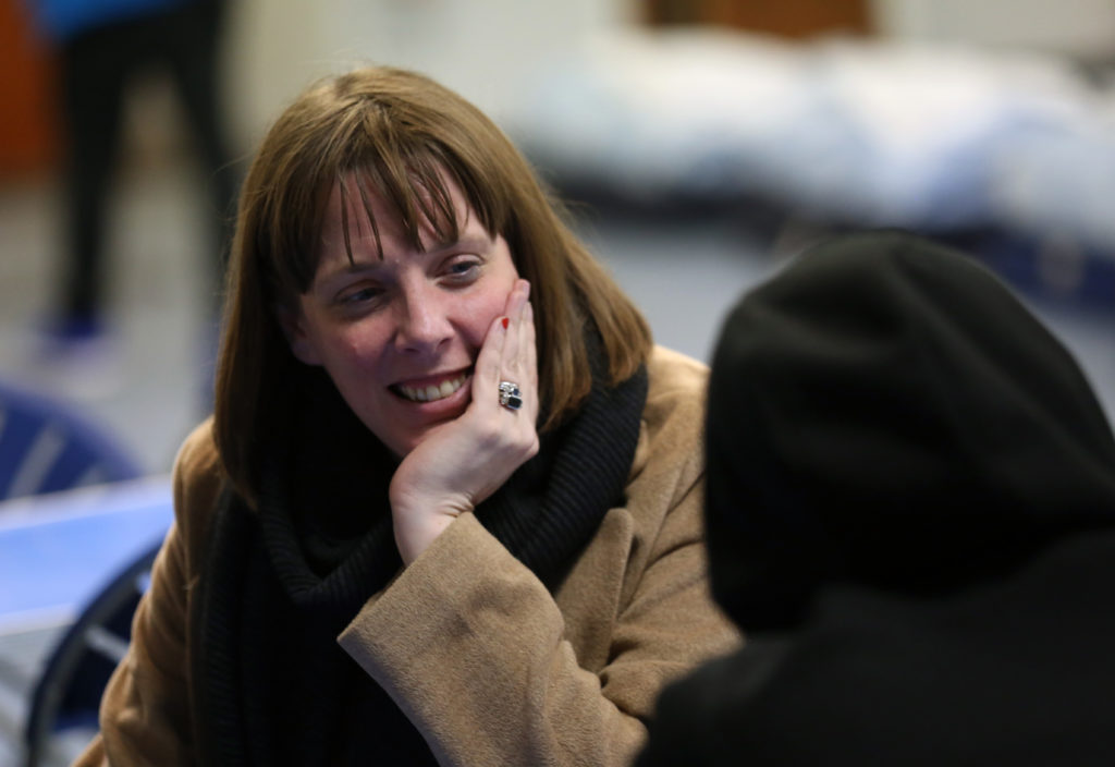 Jess Phillips arrives at a city centre homeless shelter on January 14, 2020 in Glasgow, Scotland. (David Cheskin/Getty Images)