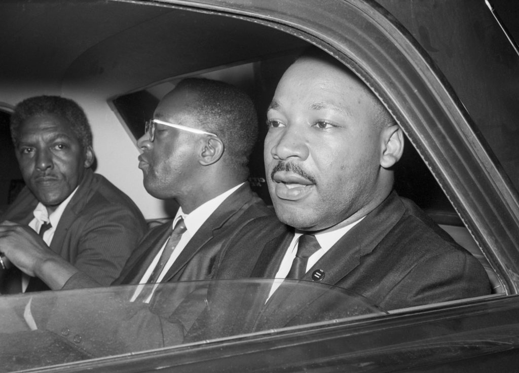 Dr. Martin Luther King, Jr. (r), Bayard Rustin (left), and Rev. Bernard Lee, (c) after a 1964 meeting with New York Mayor Wagner to discuss civil rights