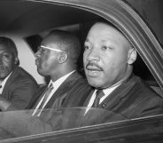 Dr. Martin Luther King, Jr. (r), Bayard Rustin (left), and Rev. Bernard Lee, (c) after a 1964 meeting with New York Mayor Wagner to discuss civil rights