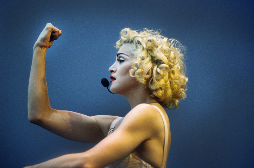 Madonna donned in her Jean Paul Gaultier conical bra corset. (Gie Knaeps/Getty Images)