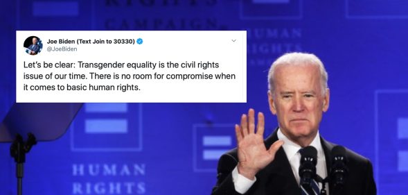 Joe Biden delivered a sly broadside against Bernie Sanders after accepting support from an anti-trans comedian. (Alex Wong/Getty)